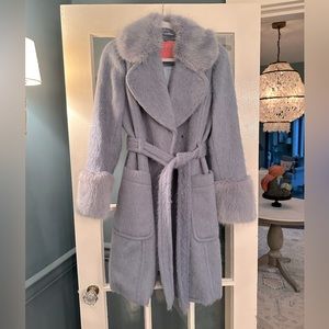 Authentic Kate Spade Coat belted periwinkle blue faux fur collar and cuff size 8